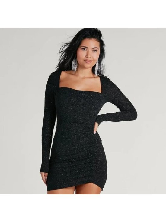 Windsor Dresses & Skirts - Windsor Toni Mini Dress XL Glitter Cowl Neck Long Sleeve Black Shimmer Party NEW